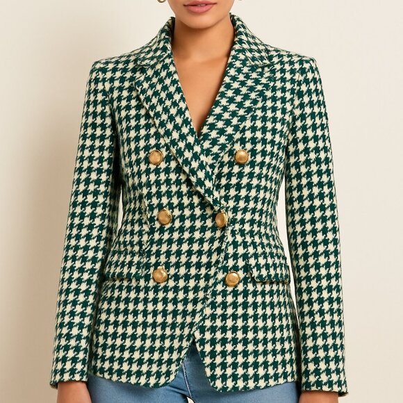 House of Harlow houndstooth tweed Green blazer metallic fabric Small Fall office - Picture 1 of 7